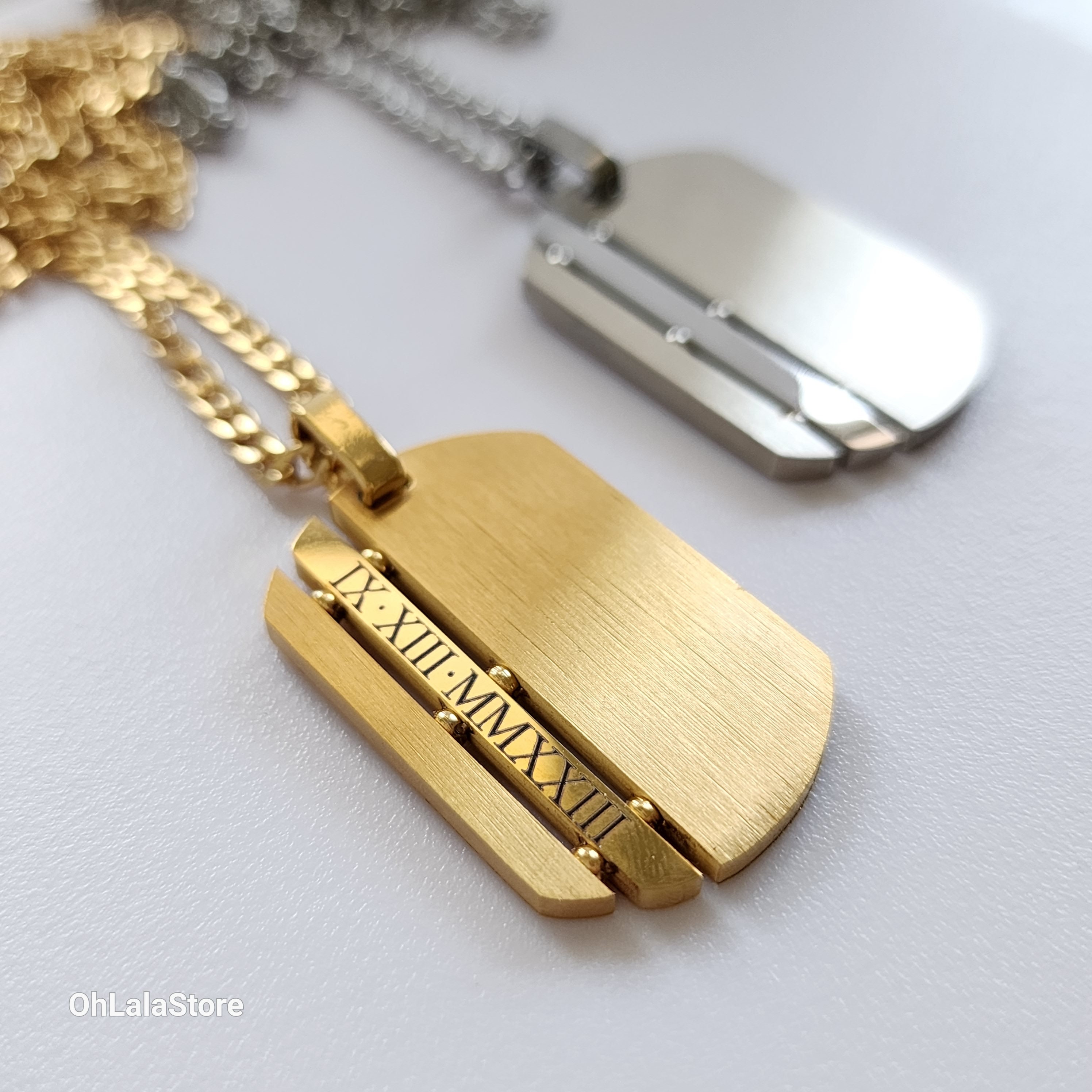 Personalized Gold Dog Tag Pendant - Classic Large Tag Pendant Sterling Silver / Old English