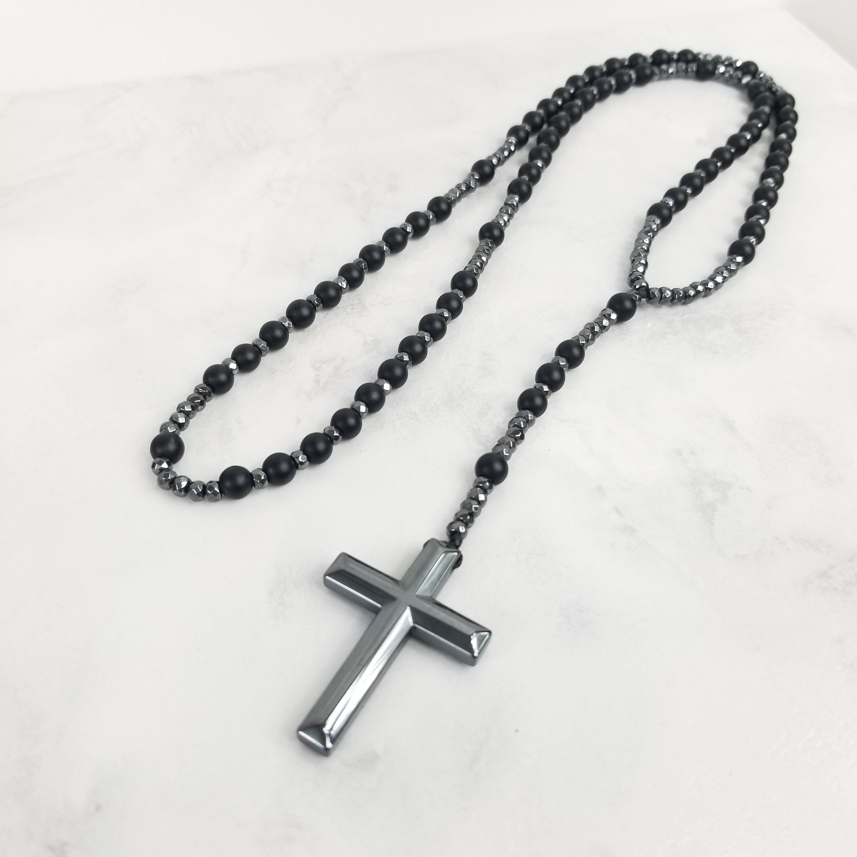 Men Cross Necklace Mens Rosary Style Necklace Black Onyx Men Etsy
