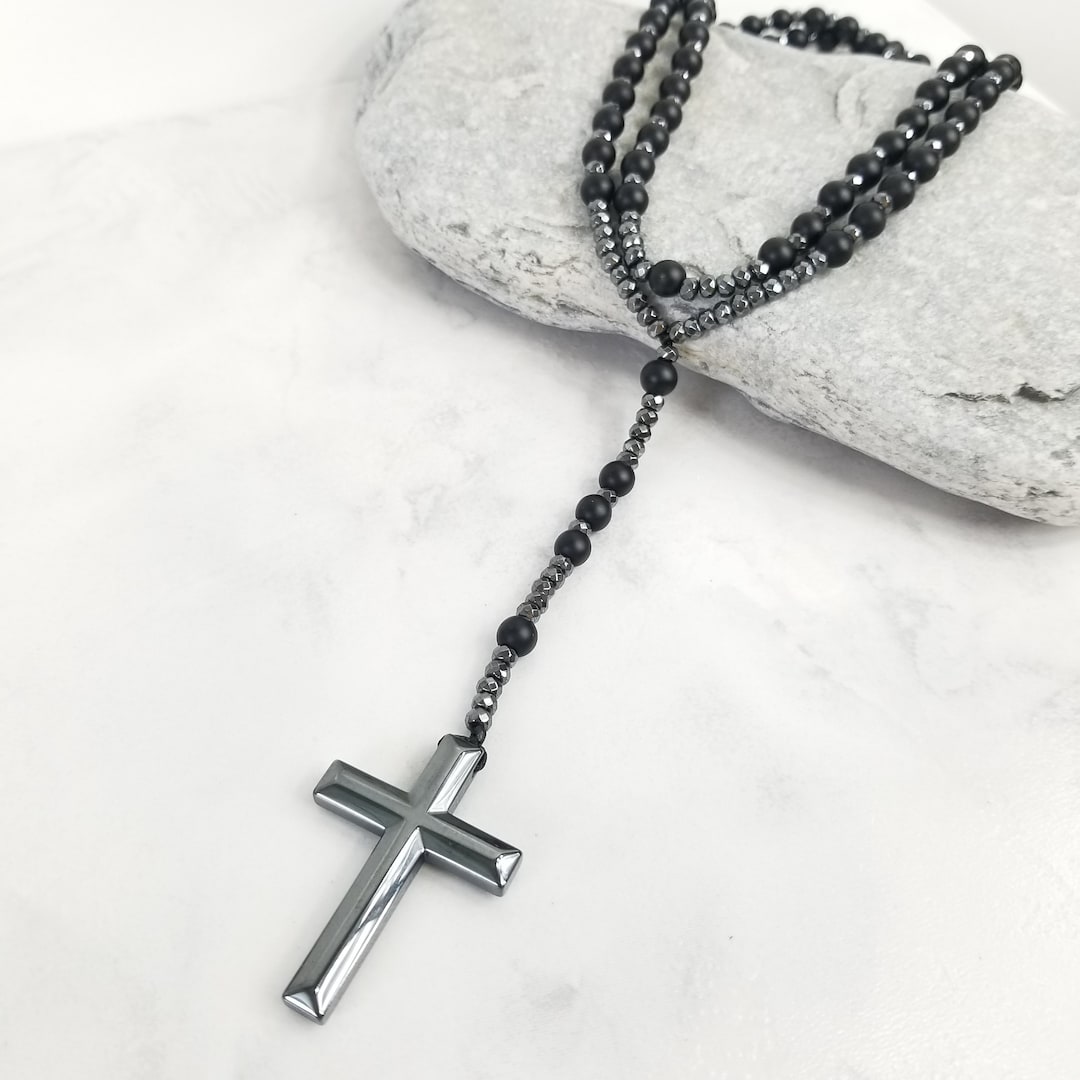 Men Cross Necklace, Mens Rosary Style Necklace, Black Onyx Men