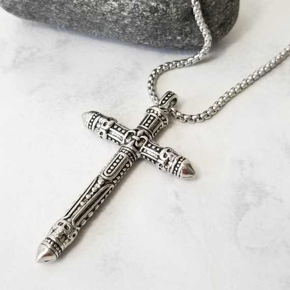 Carved Silver Cross Necklace Men Stainless Steel Necklace Skull
