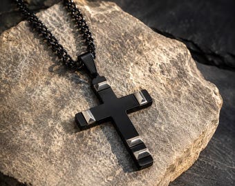 Engraved Cross Necklace Men, Personalized Black Cross Necklace, Stainless Steel Cross Pendant, Father Day Gift