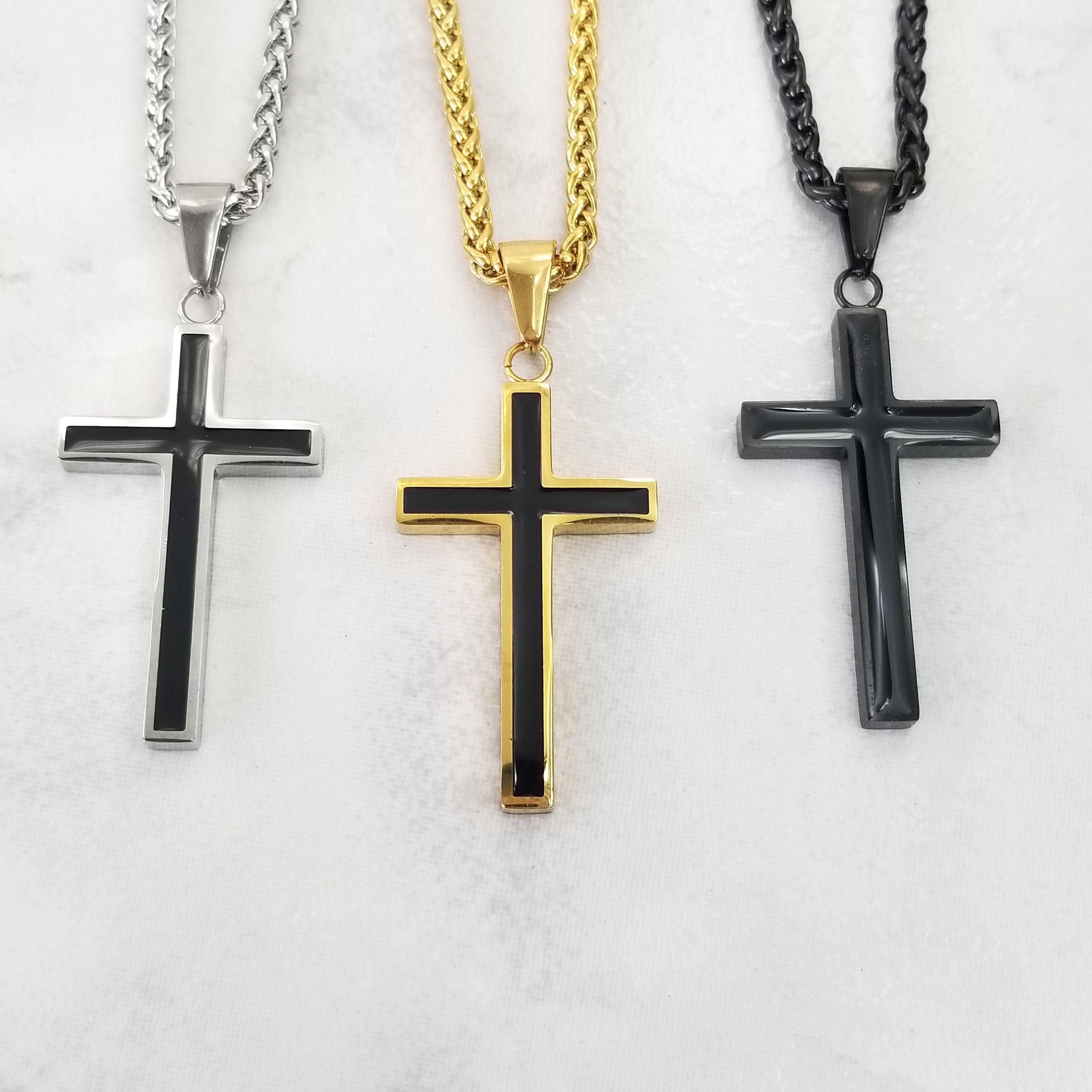Men Cross Necklace Silver Cross Necklace Black Men Necklace Etsy