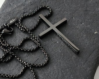 Engraved Black Cross Necklace, Personalized Gift for Him