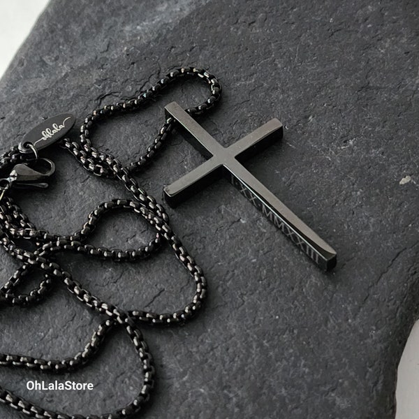 Engraved Black Cross Necklace, Personalized Gift for Him