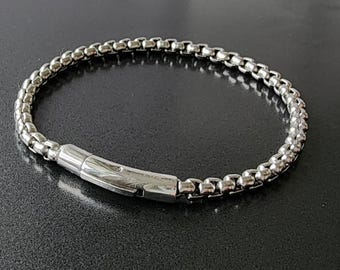 Engraved Round 4mm Box Chain Bracelet, Personalized Steel Men Bracelet, Customized Fathers Day Gift