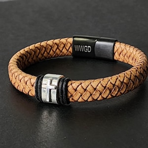 Personalized Men Cross Bracelet, Engraved Leather Bracelet for Him, Customized Fathers Day Gift