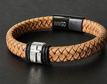 Personalized Men Cross Bracelet, Engraved Leather Bracelet for Him, Customized Fathers Day Gift
