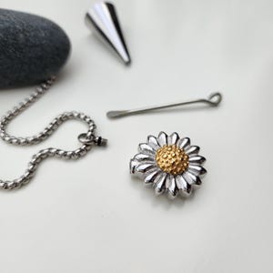 K&ouml;nnte beinhalten: Eine silberne Kettenkette mit einem silbernen und goldenen G&auml;nsebl&uuml;mchen-Anh&auml;nger. Der Anh&auml;nger hat eine goldene Mitte mit einer strukturierten Oberfl&auml;che.