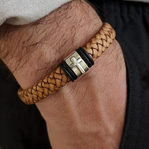 Personalized Men Cross Bracelet, Engraved Leather Bracelet for Him