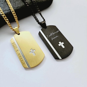 Engraved Cross Dog Tag Necklace, Personalized Stainless Steel Pendant