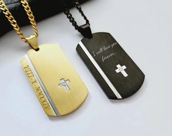 Engraved Cross Dog Tag Necklace, Personalized Stainless Steel Pendant