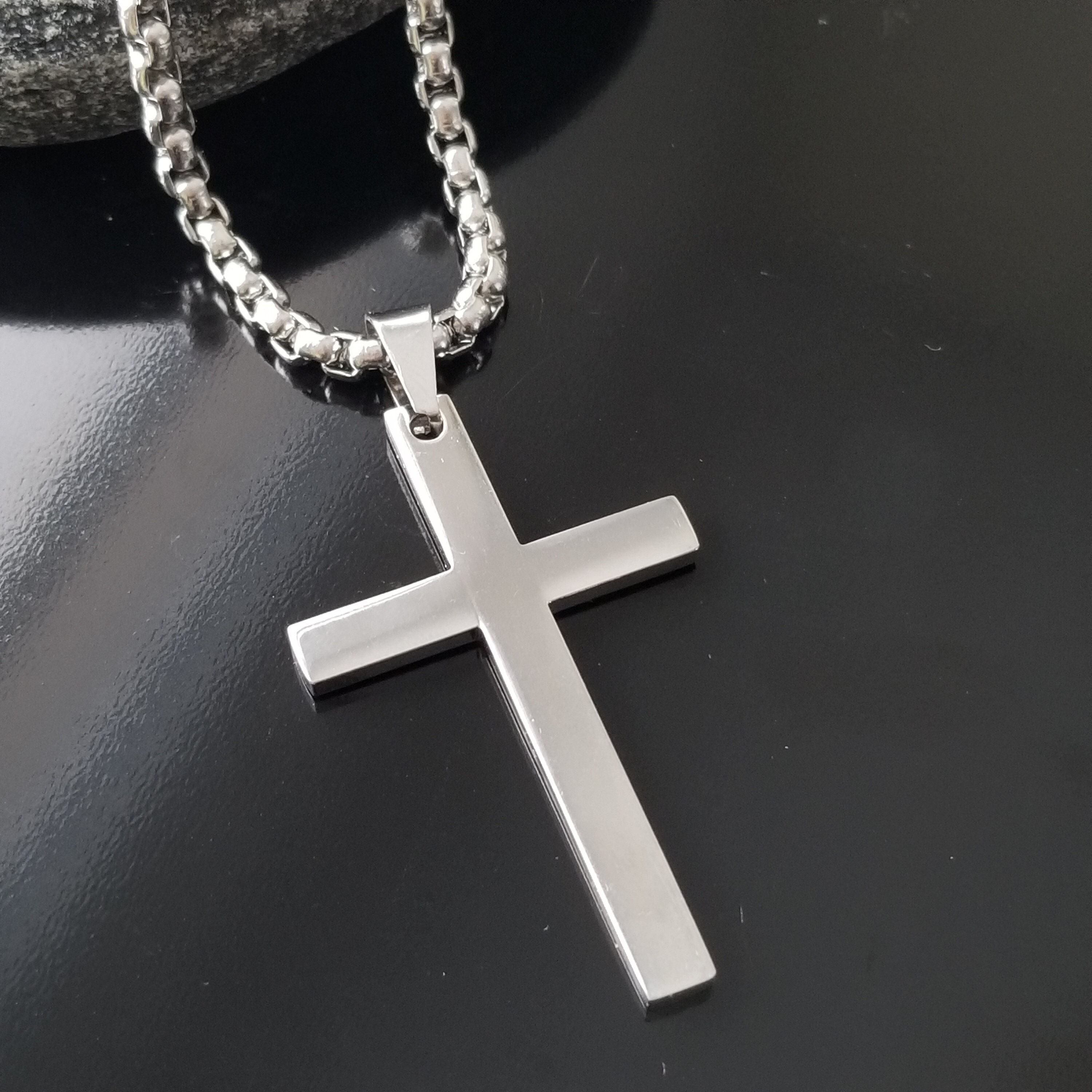 925 Sterling Silver Engraved Mens Cross Necklace - Personalized Cross