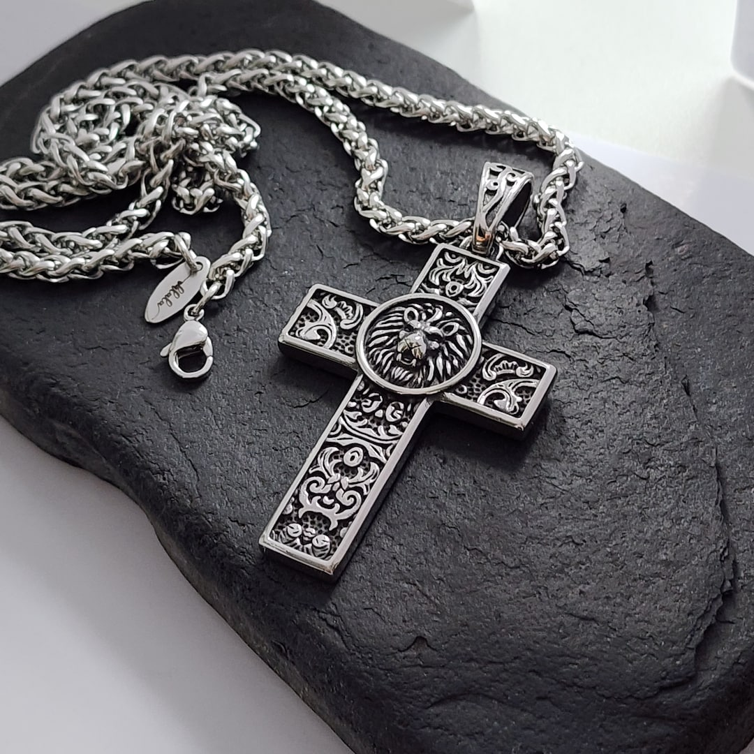 Personalized Mens Cross Pendant, Engraved Masculine Lion Stainless ...
