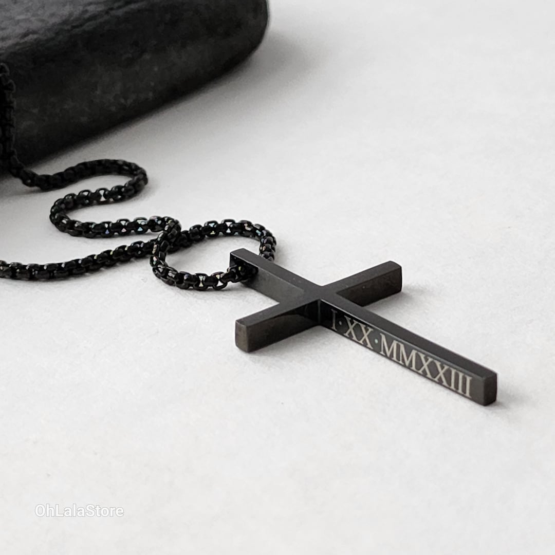 Stainless Steel Black Cross Necklace, Engraved Men Necklace