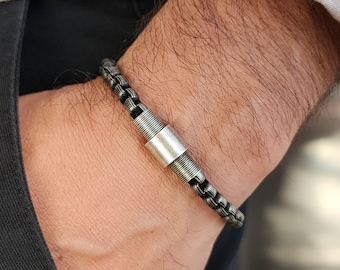 Engraved Stainless Steel Link Bracelet, Oxidized Silver Finish, Gift for Men