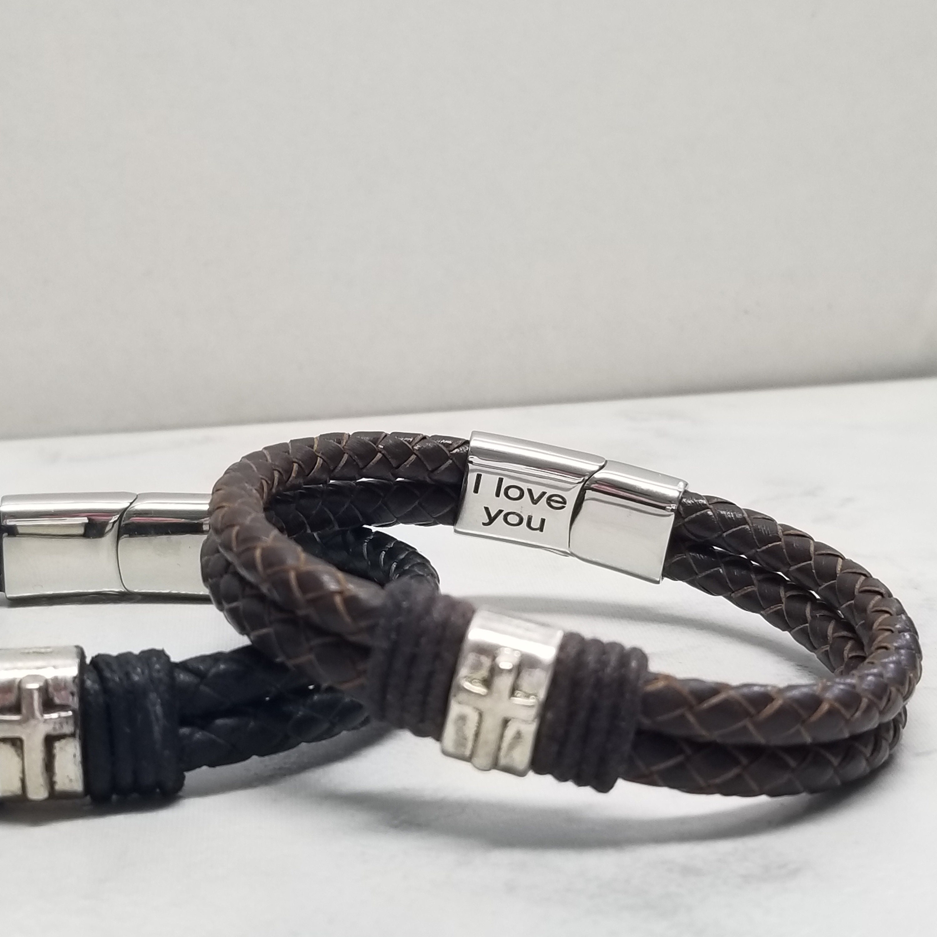 Men Leather Cross Bracelet, Silver Cross Bracelet, Religious