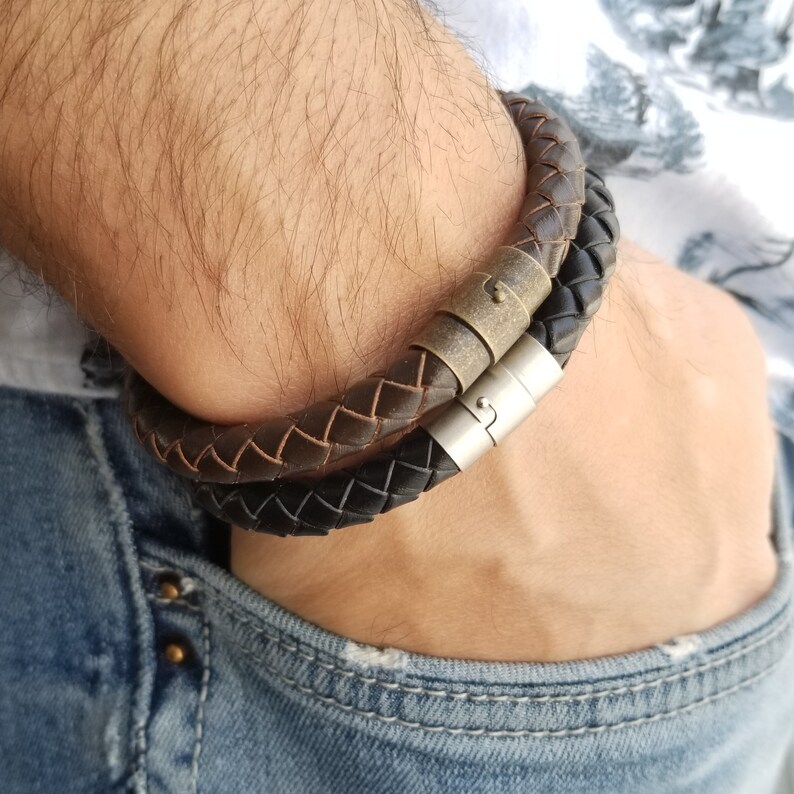 Men's Braided Leather Magnetic Bracelet With Stainless Steel Cubic Zircon Charm