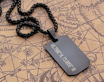 Personalized Coordinates Black Stainless Steel Tag Necklaces