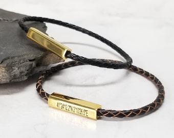 Coordinate Leather Bracelet, Engraved Men Bracelet, Personalized Gift for Him