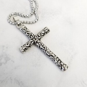 Men Cross Necklace, Stainless Steel Chain Necklace, Christian Necklace, Carved Silver Cross Pendant