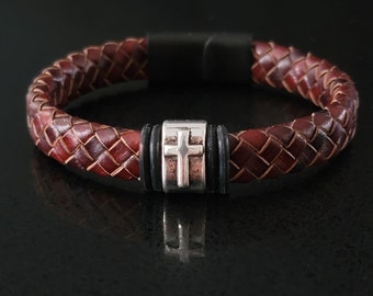 Engraved Men Bracelet, Leather Cross Bracelet, Gift for Him