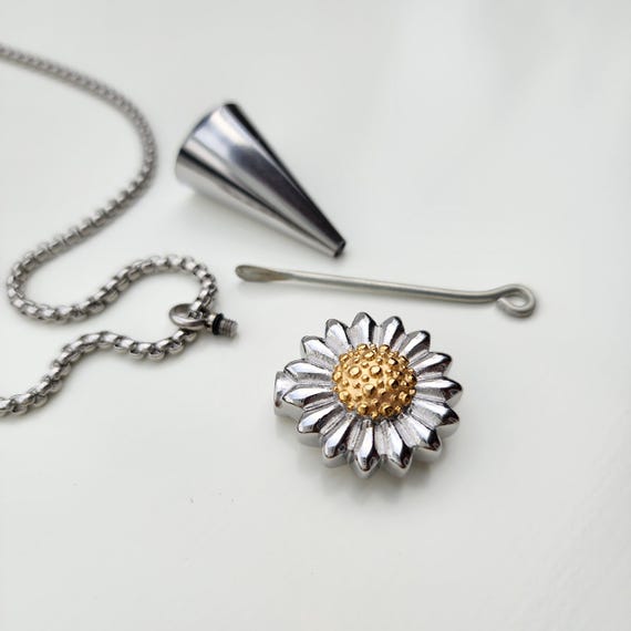 Personalized Sunflower Urn Necklace, Engraved Container Women Necklace, Customized Memorial Necklace