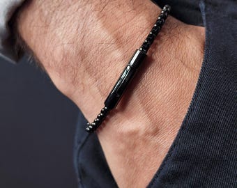 Personalized Black Steel Men Bracelet, Engraved Round 4mm Box Chain Bracelet, Customized Christmas Gift