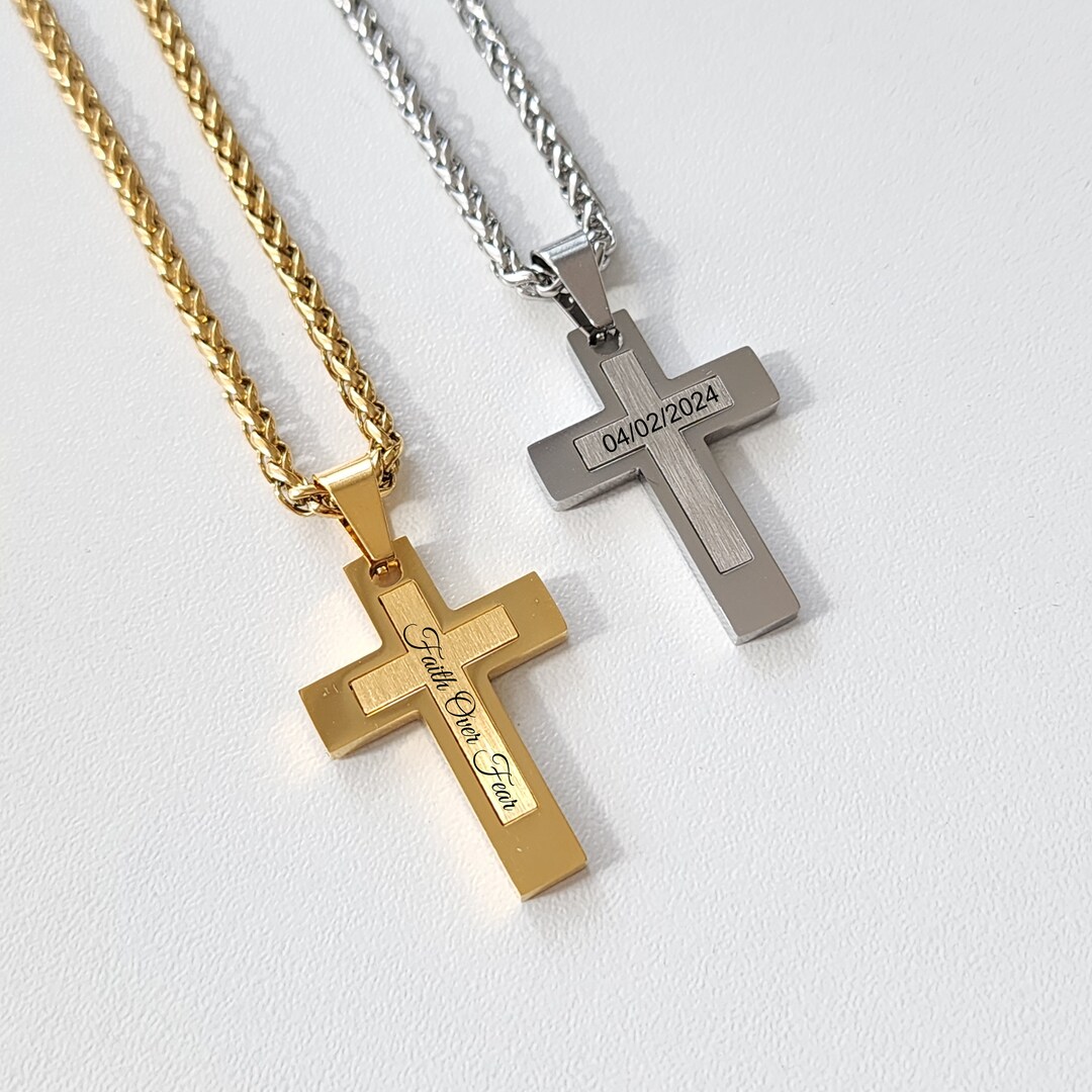 Personalized Men Cross Necklace, Gold Engraved Cross Pendant ...