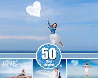 55 Himmel-Alphabet-Overlays, Wolkenhimmel-Formen, Text, Herz-Overlay, Hochzeits-Tier-Overlay, Fotografie-Overlays, natürlicher Himmel, Photoshop-Overlays (PNG)