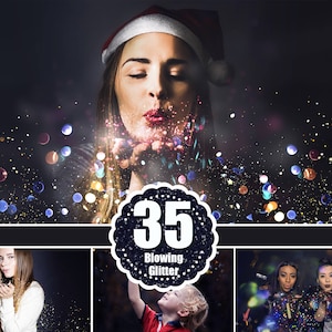 Może przedstawiać: Kolekcja 35 nakładek z latającym brokatem do projektów graficznych. Nakładki zawierają różne kolory i rozmiary brokatu, idealne do dodania blasku do projektów.