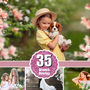 Puede incluir: Una niña con un vestido amarillo y un sombrero de paja sostiene un perro pequeño en sus brazos. El fondo es una imagen borrosa de flores rosas y hojas verdes. La imagen incluye el texto "35 Branch Overlay".