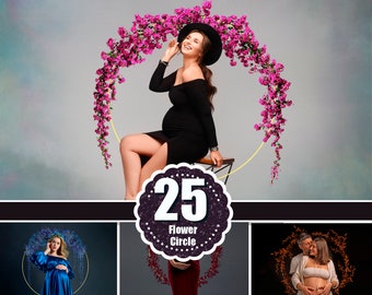 25 bloemencirkel-overlays, gouden ring, achtergrond, gebladerte-overlays, zwangerschapsringen, kunstportret, digitale achtergrond, textuur, png