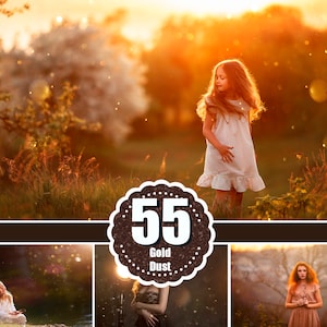 55 Gold floating dust effect, Photoshop overlays, Summer dust & haze overlays, fairy dust, sun, ray, sunlight, light bokeh photo, jpg