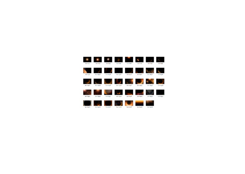 May include: A collection of 48 images showing different stages of a solar eclipse. The images are arranged in a grid pattern and show the sun being gradually covered by the moon.