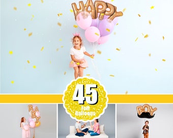 45 globos de lámina dorada superpuestos, globos de letras y números superpuestos, corazón, estrella, imágenes prediseñadas, clipart, cumpleaños, paquete de Photoshop, png