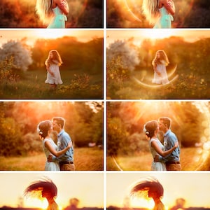 May include: Four different images of people in a field with a sunset in the background. The first image shows a woman with long blonde hair smiling and looking to the side. The second image shows a young girl with long blonde hair standing in a field with a sunset in the background. The third image shows a couple kissing in a field with a sunset in the background. The fourth image shows a woman with long blonde hair spinning around in a field with a sunset in the background.