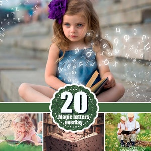 20 superposiciones de fotos de letras que caen, superposición de Photoshop de letras revueltas, fondo transparente de foto, archivo png de niños mágicos de hadas