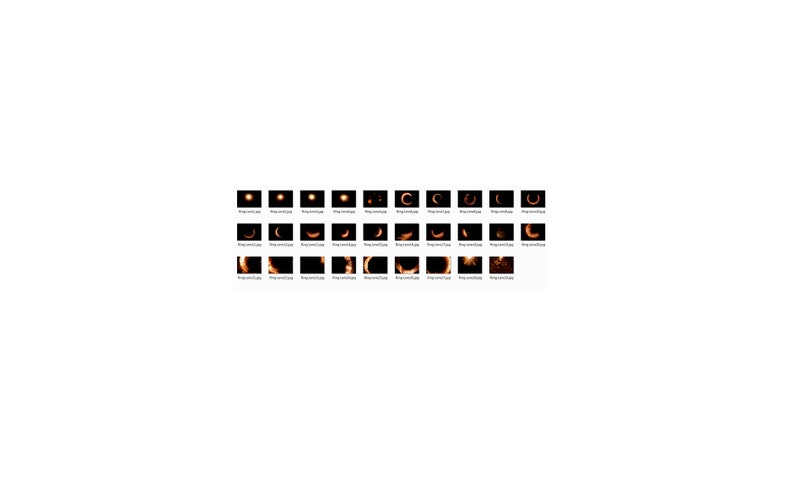 May include: A series of 36 images showing a glowing orange ring with a black center. The ring is in various stages of completion, from a small crescent to a full circle. The images are arranged in a grid.