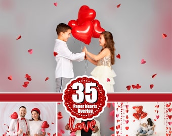 35 rote Papierherz-Foto-Overlays zum Valentinstag, Luftküsse, Liebesherzen, Photoshop-Mix für Valentinstag und Hochzeiten, Glitzer-Overlays, PNG