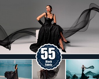 55 Foto-Overlays mit fliegendem, schwarzem Stoff, Photoshop-Overlay, fließende Schwangerschaftsmode, wehender Seidensatin, Hochzeit, digitaler Hintergrund, PNG