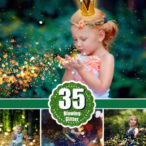 Puede incluir: Una ni&ntilde;a peque&ntilde;a con un vestido blanco y una corona dorada sopla purpurina al aire. La imagen es parte de un conjunto de 35 superposiciones de purpurina.