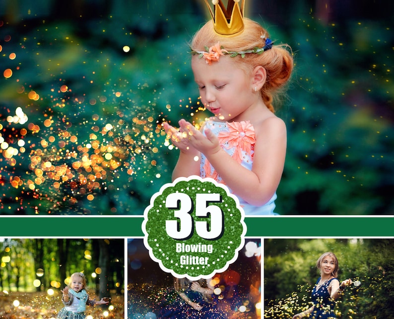 Puede incluir: Una ni&ntilde;a peque&ntilde;a con un vestido blanco y una corona dorada sopla purpurina al aire. La imagen es parte de un conjunto de 35 superposiciones de purpurina.