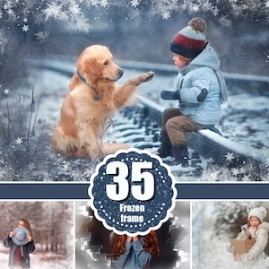 Puede incluir: Un conjunto de 35 marcos de fotos de temática invernal con un fondo nevado y copos de nieve. Los marcos son perfectos para agregar un toque de magia invernal a tus fotos.