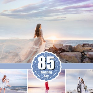 May include: A collection of 85 amazing sky images. The images feature a variety of scenes, including a woman in a white dress standing on a rocky beach, a couple walking on a beach, and a red dress floating in the water.