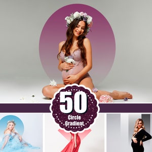 May include: A pregnant person wearing a floral crown and a light pink bodysuit, holding flowers, sits in front of a purple gradient circle. The image includes the text "50 Circle Gradient".