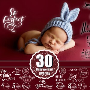 30 superposiciones de fotos de bebés recién nacidos, arte de palabras de bebés, meses de hitos del bebé, texto de bebé, álbum de recortes, DESCARGA INSTANTÁNEA, archivo png