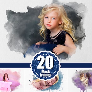 Puede incluir: Composición de arte digital con una niña rubia, enmarcada por una salpicadura de estilo acuarela. La imagen incluye una pancarta azul marino con un emblema circular que dice "20 Mask frames".