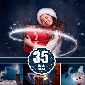 May include: A girl in a Santa hat holds a red gift box with a sparkling white snow effect around her. The image includes the text "35 Magic Snow".