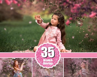 35 Spring Tree Blossom, Pink Cherry Blooming Flower Branch, Photoshop Overlay, Falling Petals, Spring Backgrounds, Floral Overlays, png