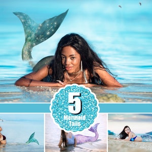 Può includere: Cinque code di sirena in diversi colori e design. Le code sono mostrate in un collage con tre modelli diversi che le indossano in acqua.